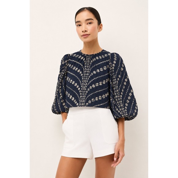 Anthropologie Tops - Marie Oliver Harly Top XS Navy Shibori Print Linen Blend Balloon Sleeve Blouse